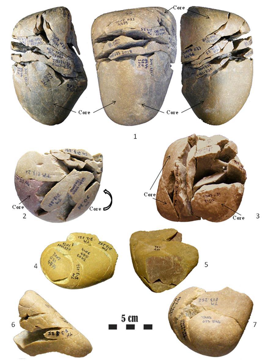 Figura 6: Remontagem dos artefactos líticos Gravetenses de Terra do Manuel. 1. Núcleo extensivo; 2. Núcleo extensivo; 3. Núcleo extensivo; 4. Conceito remontante; 5. Conceito remontante; 6.