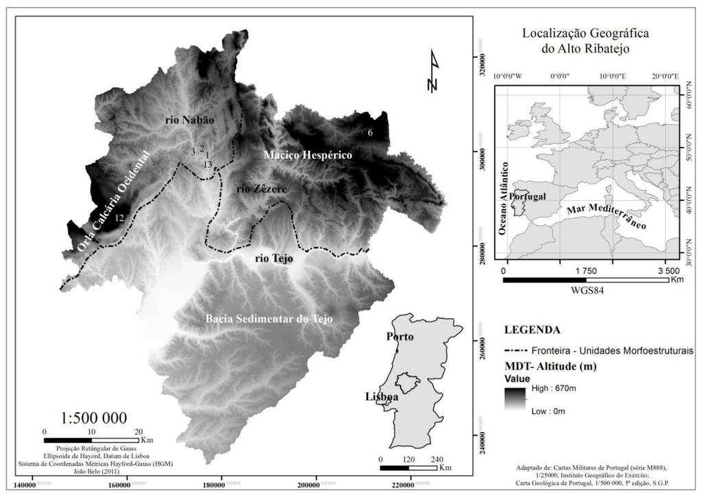 Figura 10: Região do Alto Ribatejo e delimitação das três grandes unidades geomorfológica (Mapa de João Belo, 2012) O Tejo é o maior rio ibérico.