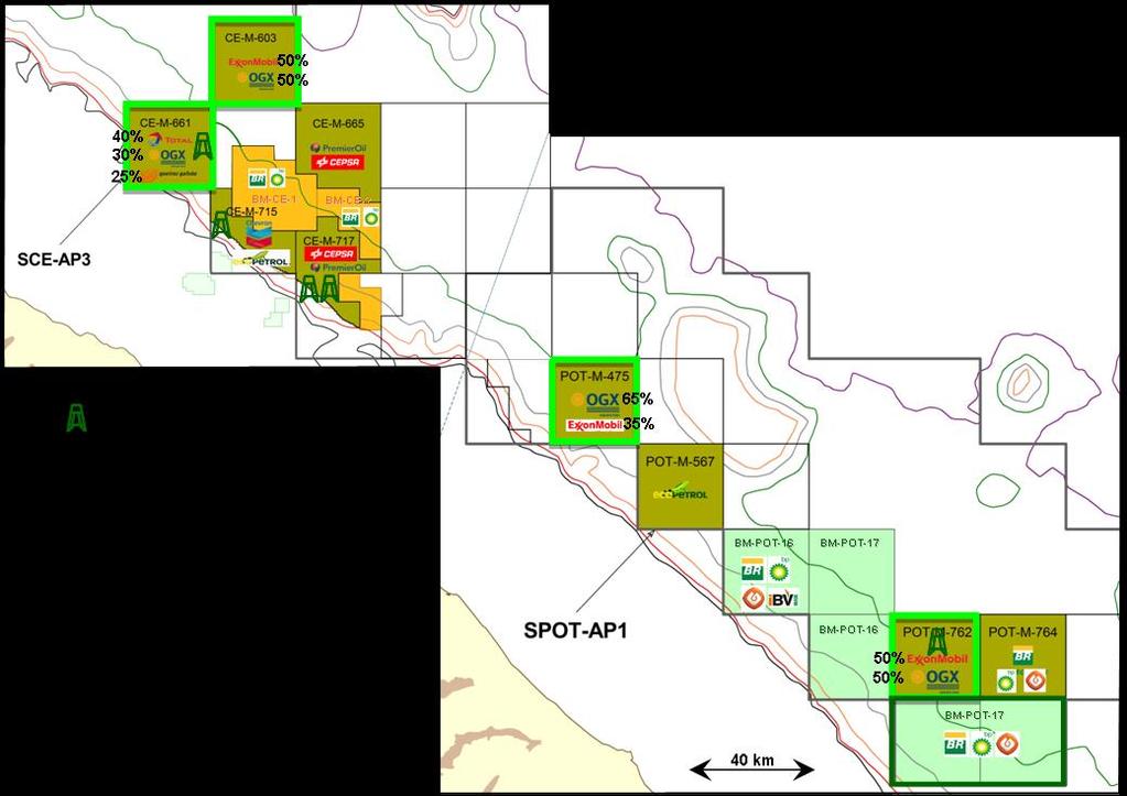 ANP Round 11 Equatorial Margin Novo Portfolio de Exploração OGX Bacias do Ceará e Potiguar Blocos Assinados pela OGX Bacia Bloco Parceria % OGX Area (km2) Fase de Exploração (Anos) Bônus Mínimo ANP