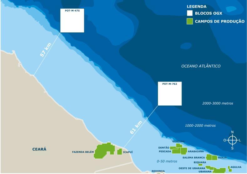 EXPLORAÇÃO: Bacia Potiguar 11 a Rodada da ANP Destaques da Bacia Potiguar 2 blocos (a serem operados pela Exxon) Área total de 1.