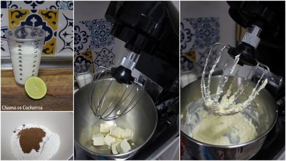 3. Na batedeira, bata a manteiga da massa em temperatura ambiente até ficar fofinho, junte o açúcar e bata até que fique um creme branco e ainda fofo; 4.