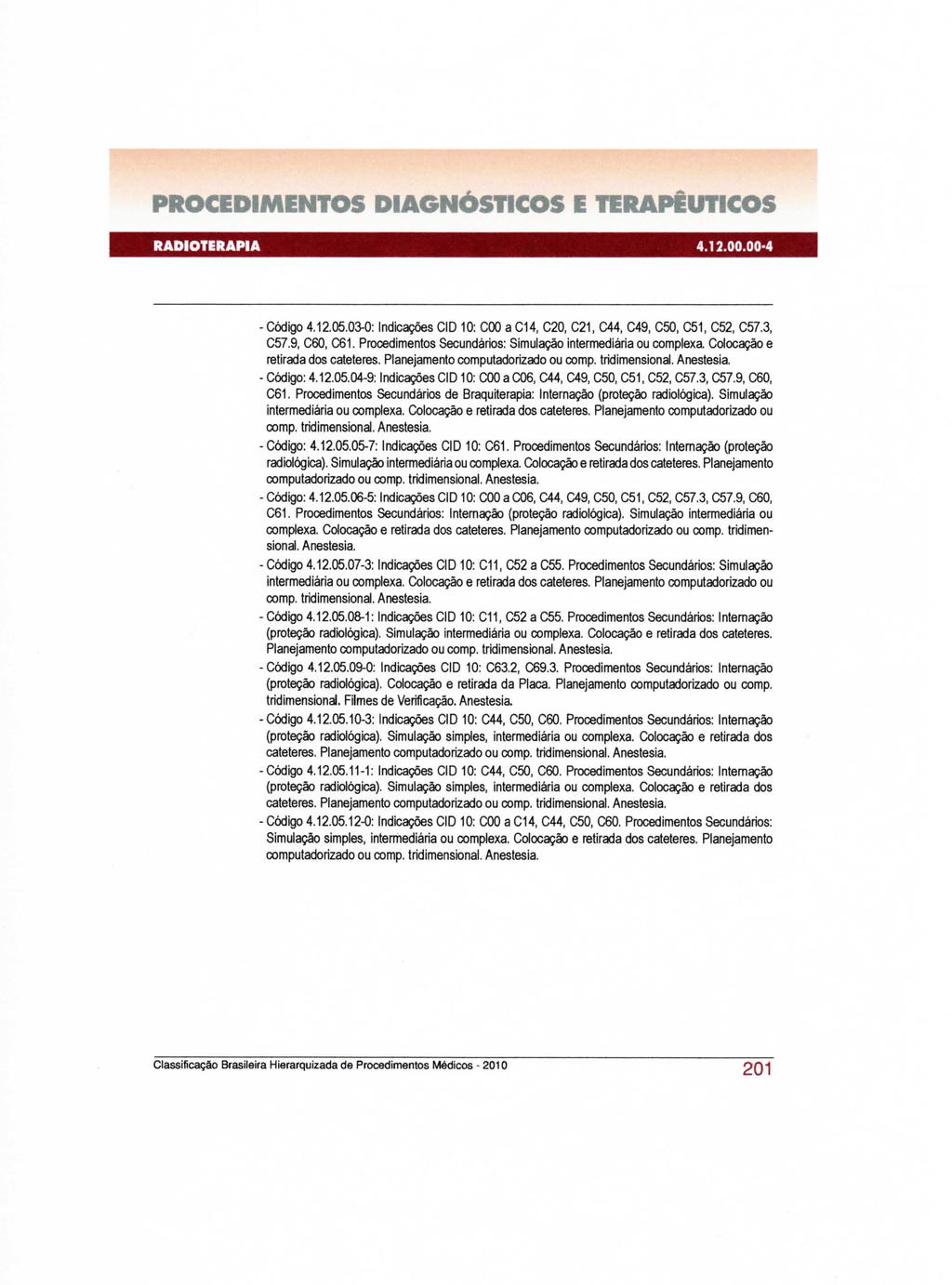 - Código 4.12.05.03-0: Indicações CID 10: COO a C14, C20, C21, C44, C49, C50, C51, C52, C57.3, C57.9, C60, C61. Procedimentos Secundários: Simulação intermediária ou complexa.