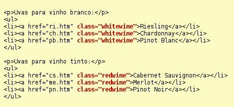 Indentificando e agrupando elementos (classes e id) Queremos que os links para vinho branco sejam