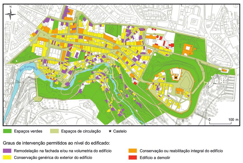 GRUPO IV A Figura 4 representa a planta do centro histórico de Bragança, na qual estão assinaladas possíveis intervenções ao nível dos edifícios e dos espaços verdes que irão contribuir para a