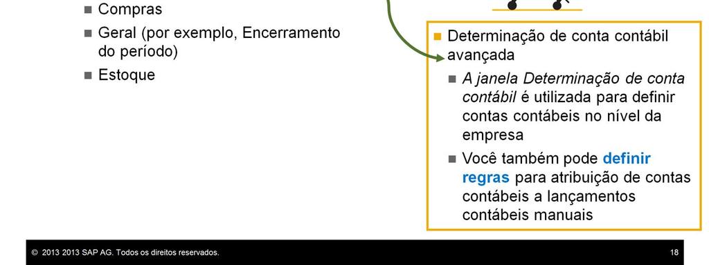 Com a solução avançada, a janela Determinação de conta contábil é utilizada para definir as contas contábeis no nível da empresa.