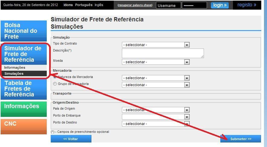 B) ALA ESQUERDA MENUS: I) BOLSA NACIONAL DO FRETE Mais útil para registados (se está registado consulte Informações > Estatística, após fazer o seu LOGIN ).