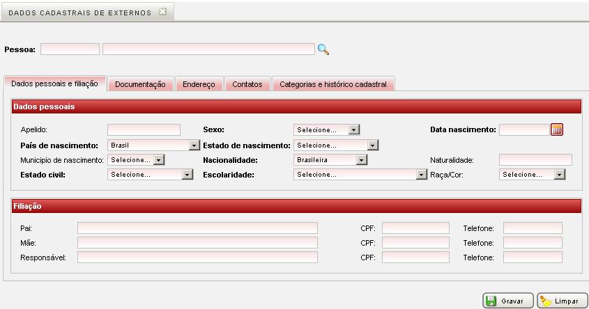 Assim que o menu Dados cadastrais de externos for acionado o sistema apresentará a interface que tem o objetivo de realizar a manutenção dos dados cadastrais de externos que possuem vínculo com a