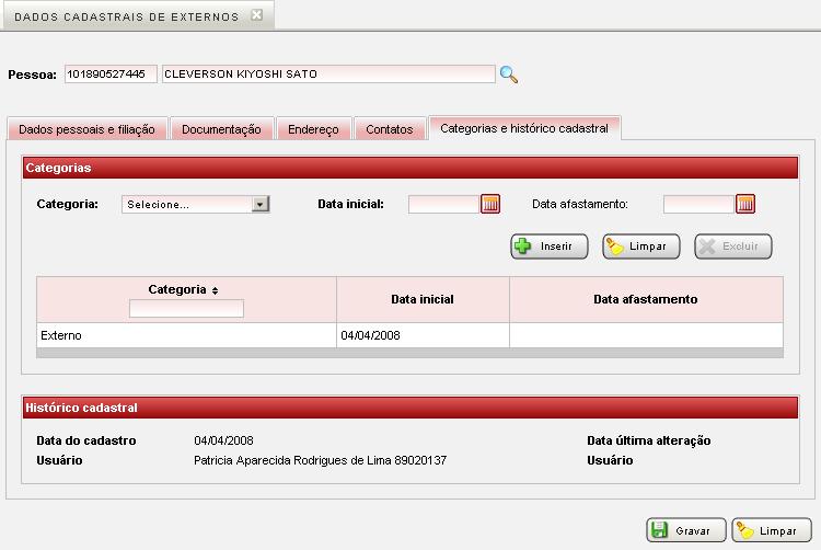 Figura 3 - Gestão Acadêmica interface de manutenção das categorias da pessoa externa Caso a regra seja válida o sistema adicionará a categoria a pessoa externa na lista de categorias da pessoa