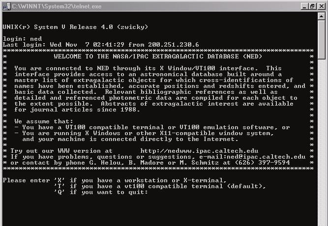 17 telnet ned.ipac.caltech.