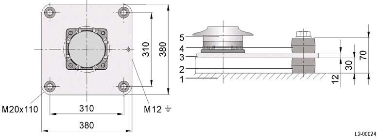 com um dispositivo de elevação adequado (guindaste, etc.) e com estropos e ilhós de suporte [Fig. 7.] na placa de base [3] e alinhar posteriormente.