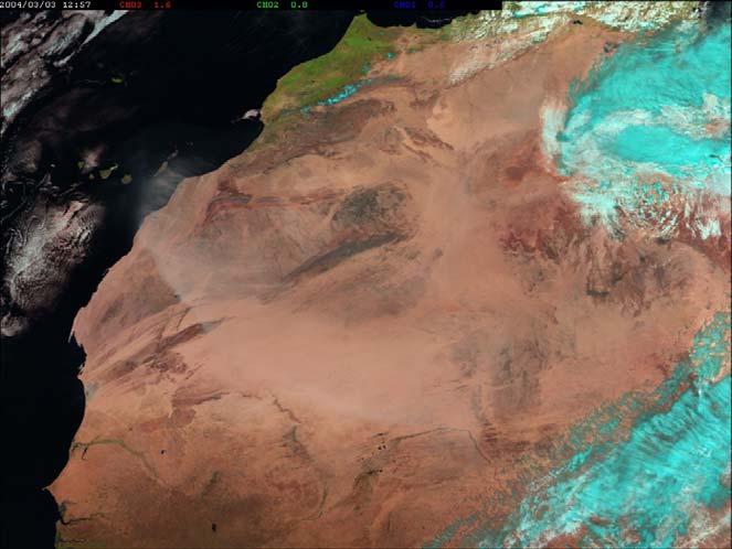 Como já se viu, poeira e cinzas em suspensão podem ser monitoradas com imagens no espectro solar (por reflexão) ou no espectro de emissão termal Tormenta de areia