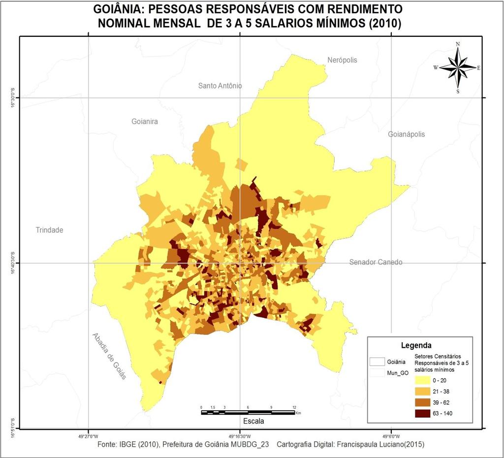 71 Da análise do mapa 8, percebe-se que a população com renda mensal de ½ a 1 salário mínimo localiza-se, principalmente, nas áreas periféricas do município.