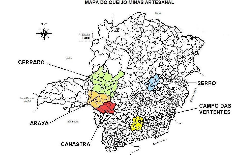 Figura 1. Regiões produtoras de queijo Minas artesanal. Fonte: Emater 2008.