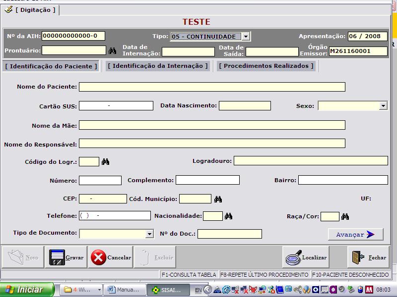 DATA DA INTERNAÇÃO Preencher com a data da internação do paciente que está no laudo no formato dd/mm/aaaa. Esta data não pode ser maior que o mês de apresentação.