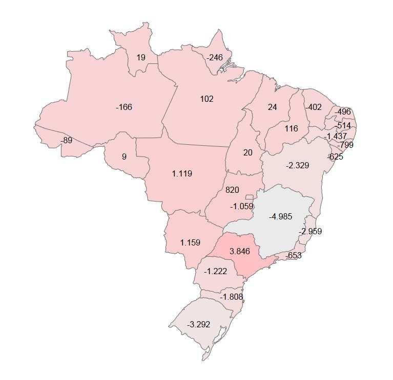 Mapa da distribuição do saldo de empregos gerados em Julho/2016,