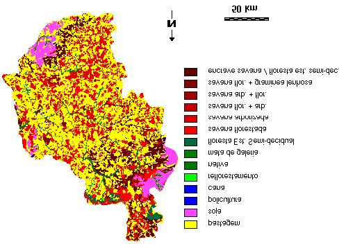 na margem dos rios, exceto por uma mancha de floresta estacional semi-decidual no norte da bacia. 122 Figura 7.3: Uso do solo e cobertura vegetal na bacia do rio Taquari, MS (Galdino et al., 1999).