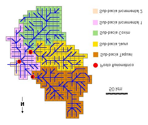 Os postos fluviométricos com séries de dados razoavelmente longas estão marcados e numerados na figura 7.