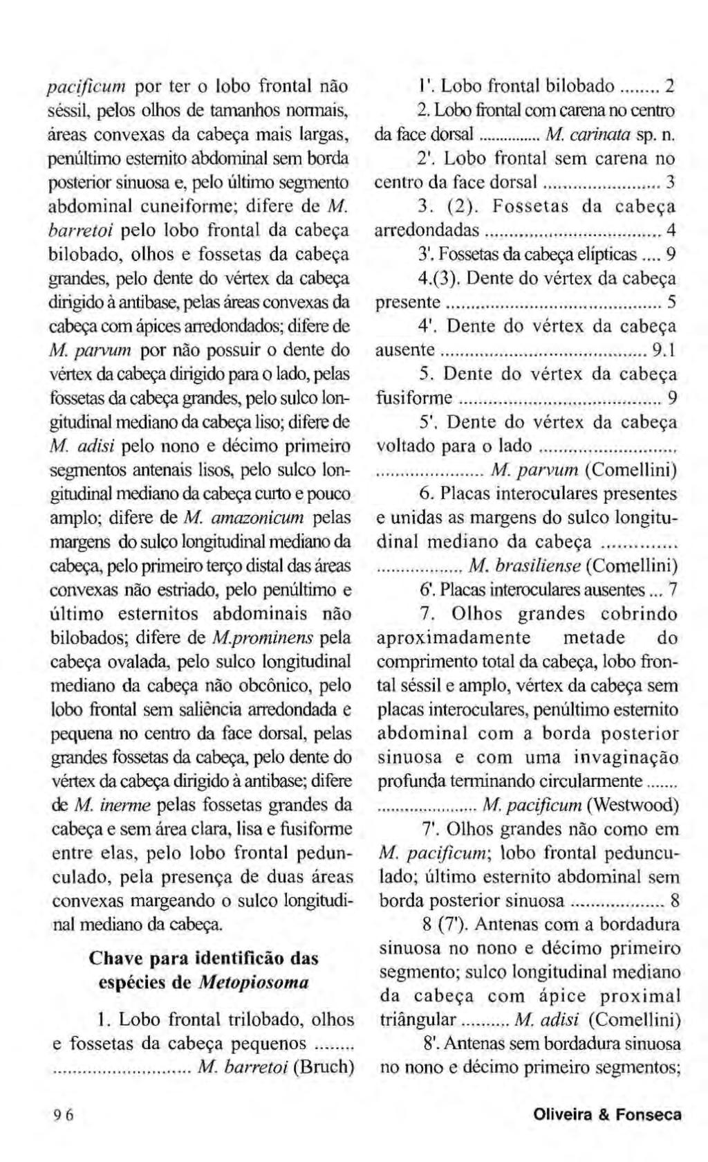 pacificum por ter o lobo frontal não séssil, pelos olhos de tamanhos normais, áreas convexas da cabeça mais largas, penúltimo estemito abdominal sem borda posterior sinuosa e, pelo último segmento