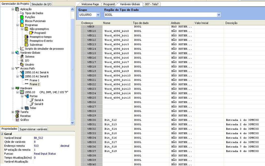 Selecione o Frame 2, na janela de propriedades, em: Variável Inicial insira a variável do tipo booleana para receber o conteúdo das variáveis de entradas digitais do CPSMC( %MX30), Qtde de variáveis