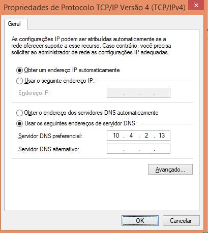 endereços de servidor DNS. No campo Servidor DNS preferencial insira o endereço 10.4.