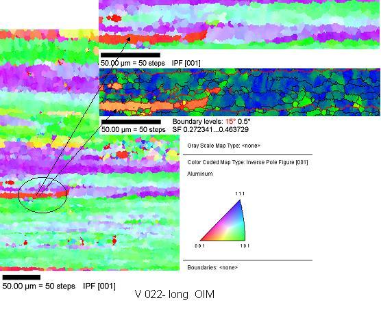 92 Figura 56: Caracterização microestrutural longitudinal na liga AA6082 do perfil com RE 27,8, (MEV - EBSD-OIM) [30] Como resultado do MEV/EBSD a figura 57 representa o resultado da