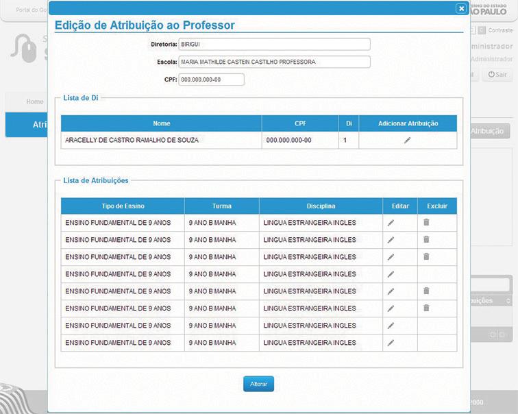 Atribuição de Aula/ Aula/ Edição de Atribuição ao Professor Janela para Edição das Atribuições do professor. Diretoria: Escola: CPF: Diretoria: Campo para seleção da Diretoria a ser pesquisada.