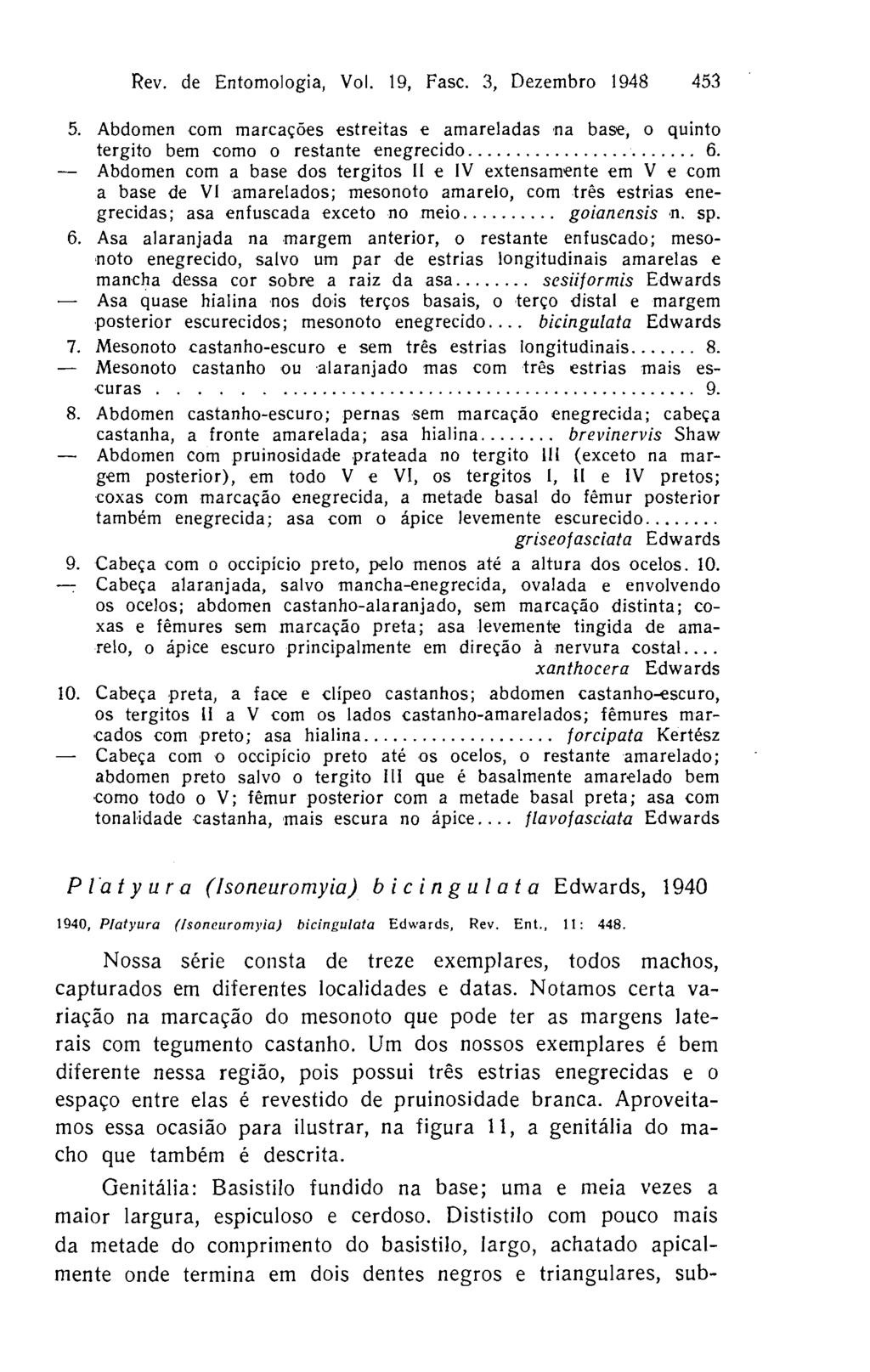 Rev. de Entomologia, Vol. 19, Fasc. 3, Dezembro 1948 453 5. Abdomen com marcações estreitas e amareladas na base, o quinto tergito bem como o restante enegrecido..... 6.