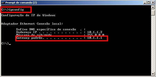 e tecle OK Logo em seguida abrirá o Prompt de comando e digite: ipconfig e pressione o Enter.