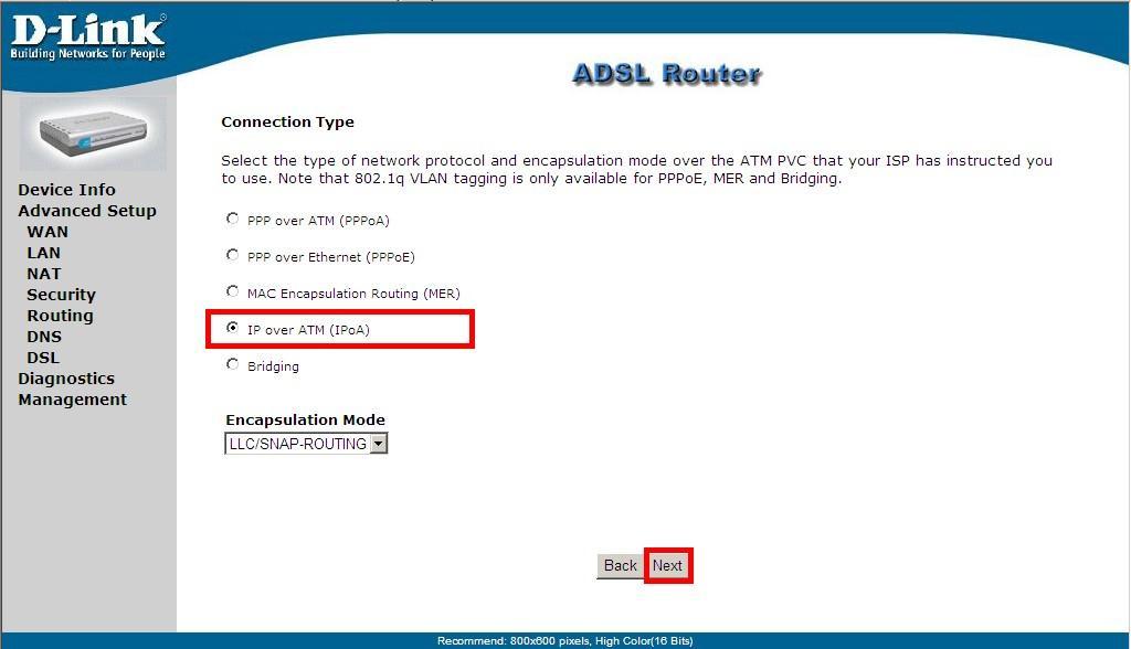 10- Na próxima tela configure: Conection Type: Selecione IP over ATM (IPoA)