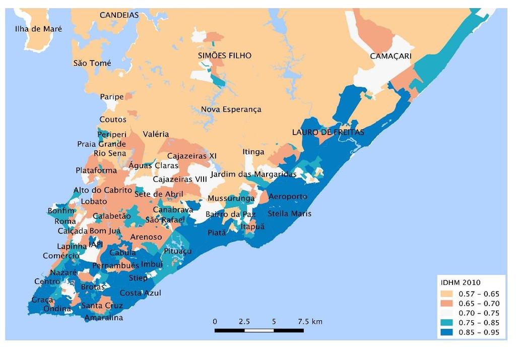 Figura 1 Variação do IDH-M em Salvador, 2010 fonte: IPEA 2010, Elaboração do autor Segregação e Desigualdades A cidade de Salvador é marcada por uma segregação socioespacial bastante evidente, pode