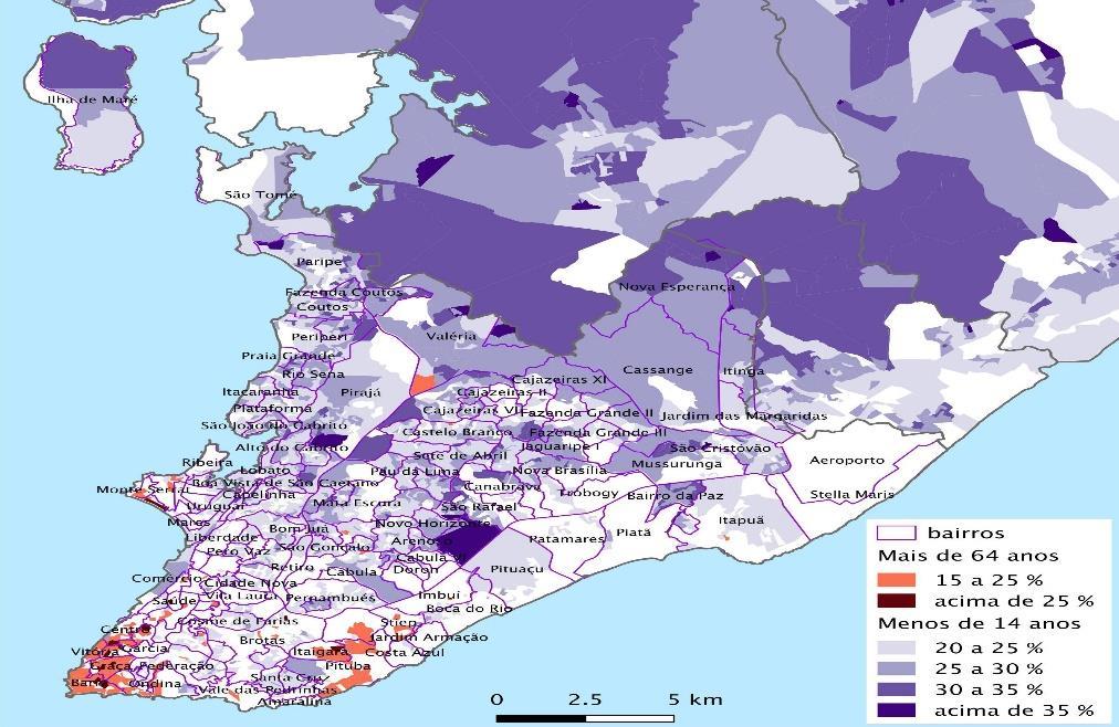 Figura 2 - Percentual de população jovem e idosa, Salvador, 2010 Fonte: IBGE, 2010. Elaboração dos autores A análise da estrutura etária de Salvador também revela grandes desigualdades socioespaciais.