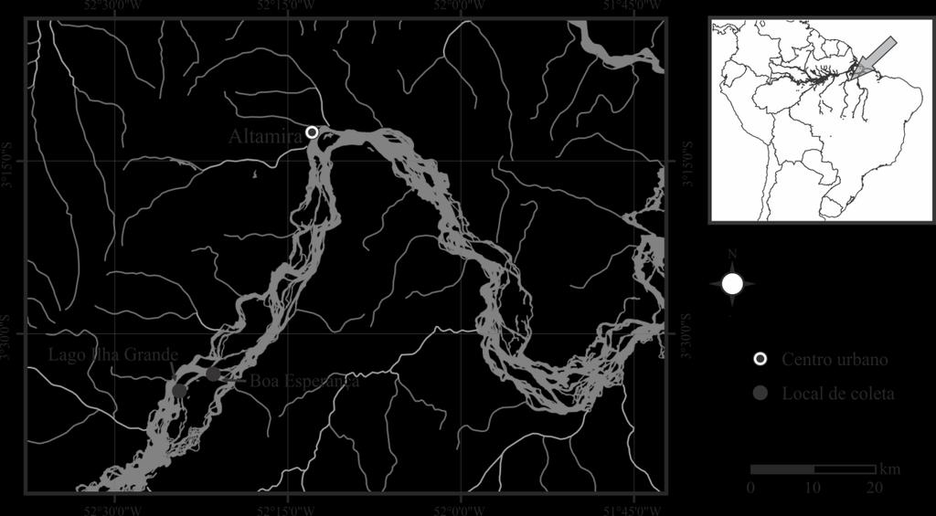 16 4 MATERIAL E MÉTODOS 4.1 ÁREA DE ESTUDO O trecho estudado do médio rio Xingu, localiza-se entre os paralelos 2º41 e 3º57 S e meridianos 52º37 e 51º58 W (Figura 1).
