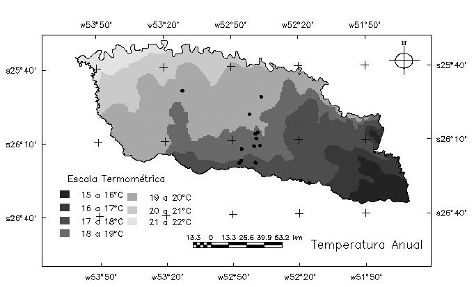 752 M. A. DANNER et al. FIGURA 3 Mapa da temperatura média anual ( C) da região sudoeste do Paraná, com pontos representando os 14 sítios de ocorrência de jabuticabeira (Plinia cauliflora).