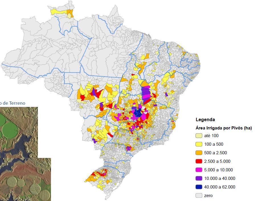 Aplicações: Mapeamento de pivôs Área irrigada municipal Pivôs (2014) Os Estados de Minas Gerais, Goiás, Bahia e São Paulo concentram cerca de 80% da área ocupada por pivôs centrais