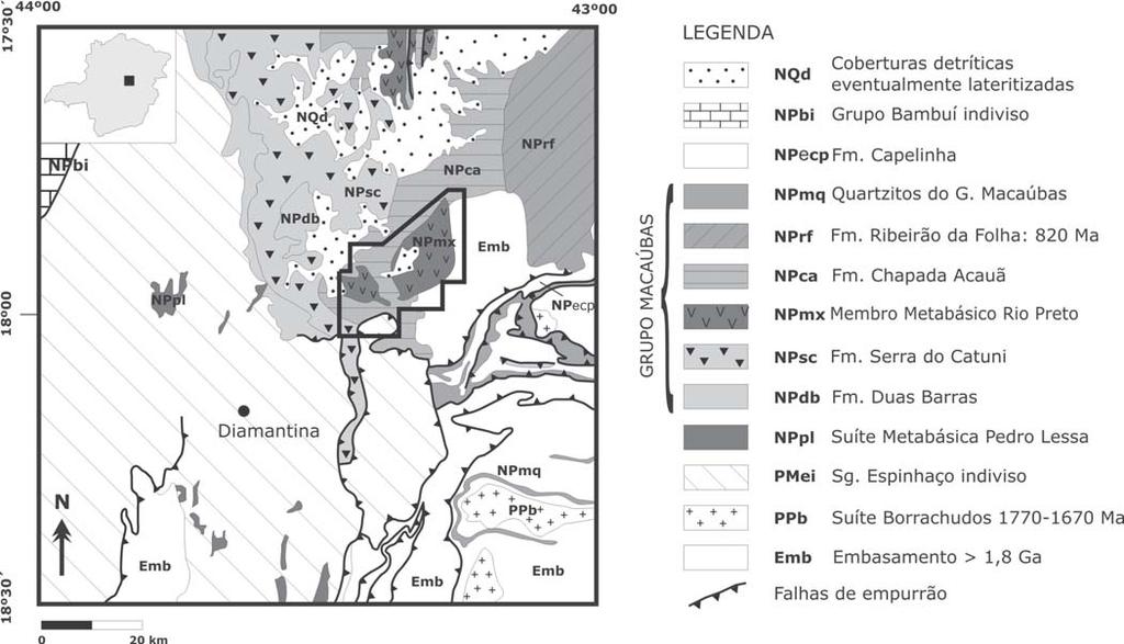 Geocronologia U-Pb (SHRIMP) e Sm-Nd de xistos verdes basálticos do Orógeno Araçuaí: implicações para a idade do Grupo Macaúbas Figura 1 - Mapa geológico da porção central do Orógeno Araçuaí