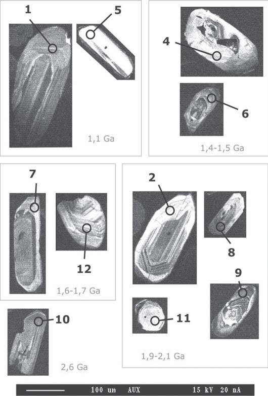 Marly Babinski et al. apresentado por Sato et al. (1995). Doze grãos de zircão com morfologias diversas foram selecionados para análise por SHRIMP (Fig. 2).