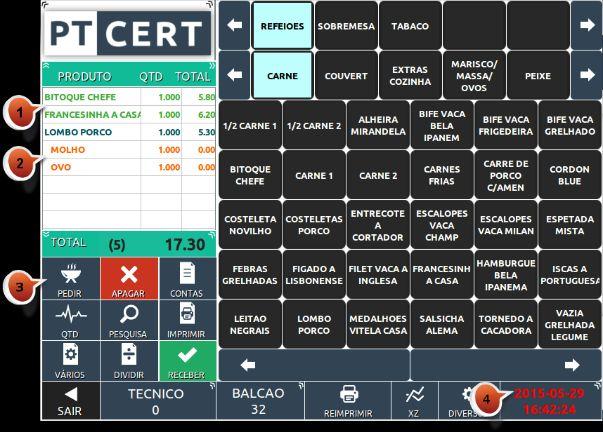 informações 1. Artigos já pedidos 2. Extras de cozinha 3. Efectuar pedido 4.