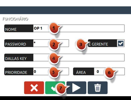 Após ter selecionado a opção de técnico vamos editar ou criar um utilizador; 1. Colocar o Nome do operador; 2. Colocar a senha se necessário, caso não queira ter senha basta colocar um 0. 3.