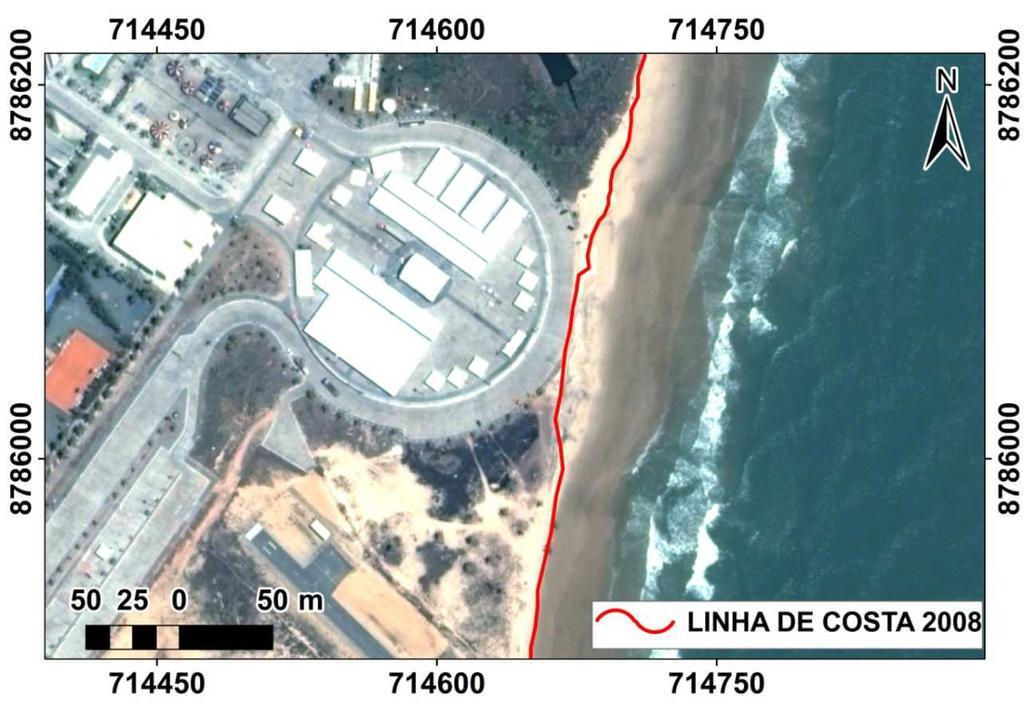 126 Figura 59- Posição da Linha de costa no ano de 2008. É possível perceber que o recuo de Linha de costa provocou a destruição de parte da Praça de eventos da orla da Atalaia.