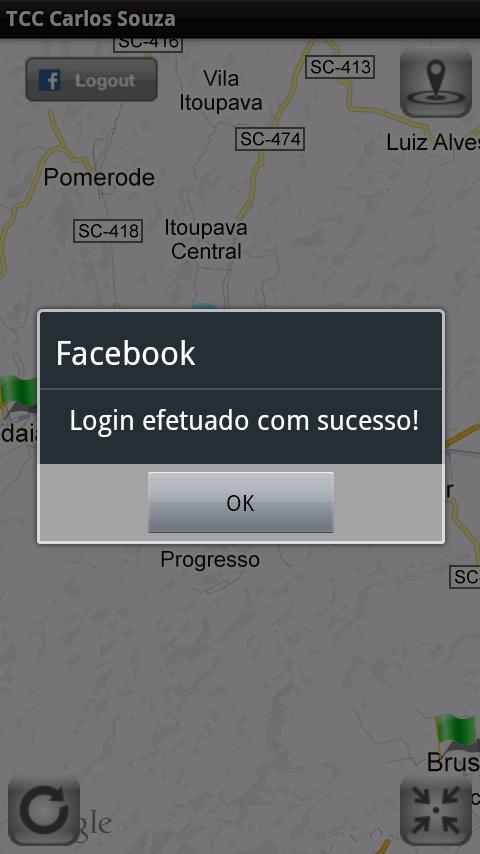 Em seguida é exibida ao usuário uma tela que solicita a instalação do aplicativo TCC Carlos Souza para a conta do usuário no Facebook.