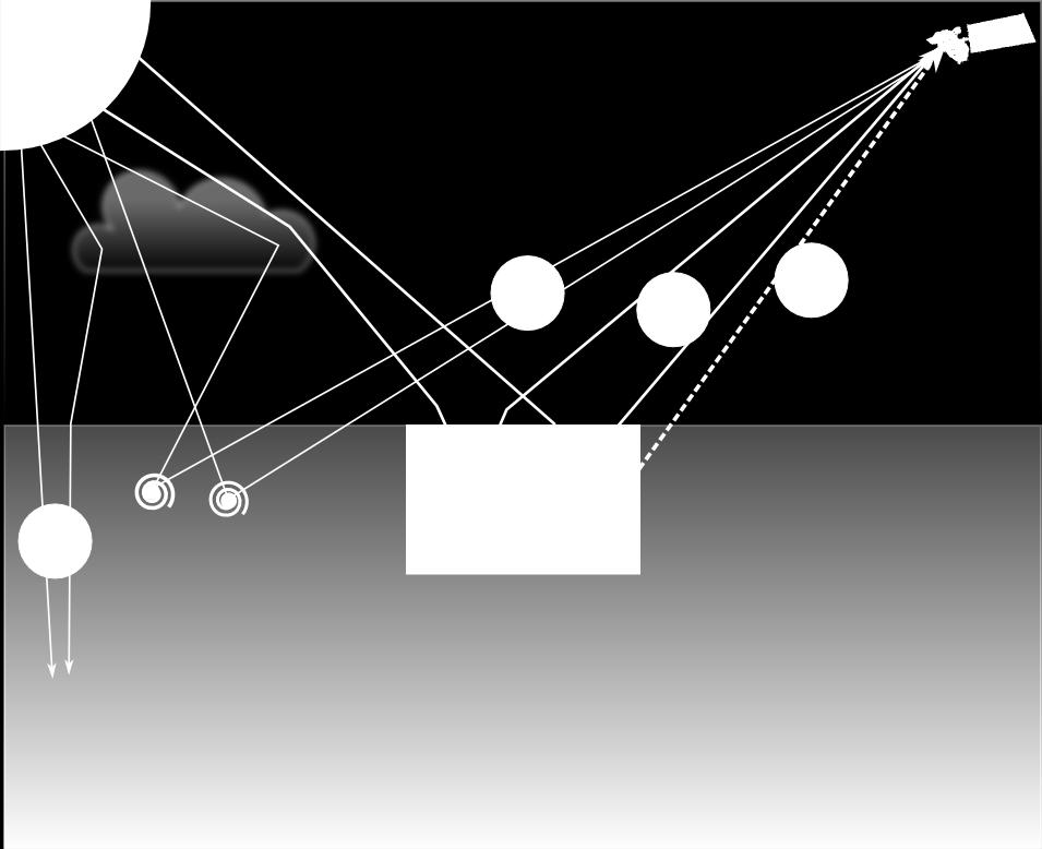 Luz dentro do oceano: Absorvida (1); Espalhada (2); Emitida por fluorescência (3); Efeito Raman