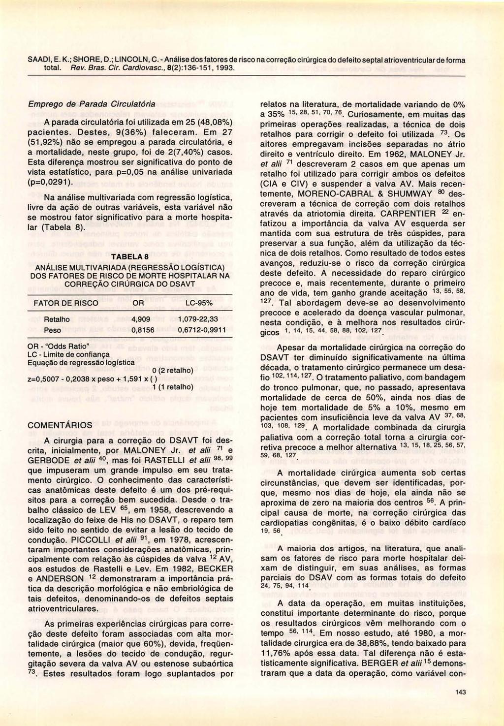 SAADI, E. K.; SHORE, D.; LINCOLN, C. - Análise dos fatores de risco na correção cirúrgica do defeito septal atrioventricular de forma total. Rev. Bras. Gir. Gardiovasc., 8(2):136-151, 1993.