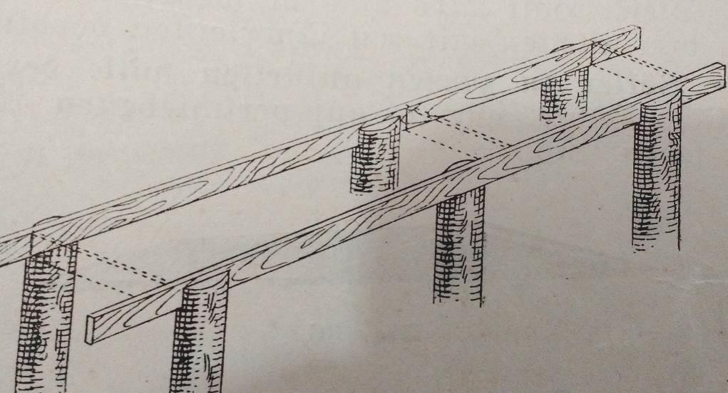 Cada jirau descansará sobre seis moirões ou estacas que não deveriam ter ponta na parte inferior para que, mais tarde, quando tenham de suportar grande peso, não se afundem no terreno amolecido.