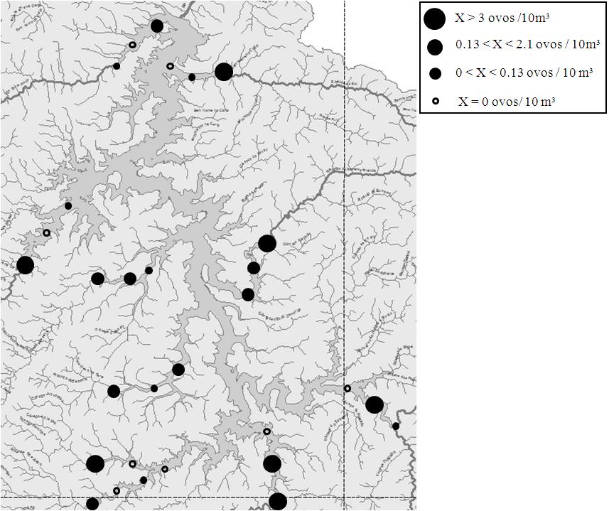 Figura 15 Mapa de densidades da distribuição dos ovos de peixes