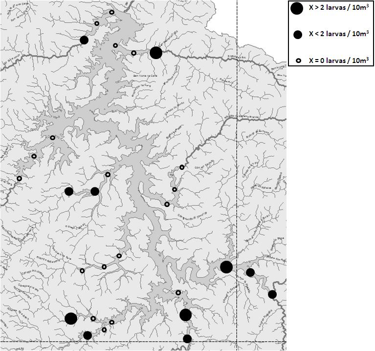 Figura 15 Mapa de distribuição das larvas de peixes migradores nos