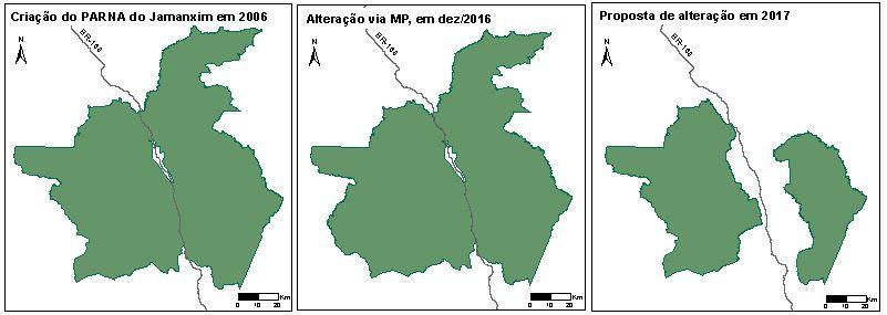 Figura 4 Alterações sofridas e propostas para o PARNA do Jamanxim em 2006, 2016 e 2017.