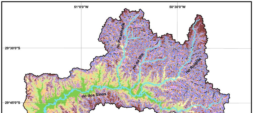 Figura 3. Modelados e formas de relevo predominantes na bacia do rio dos Sinos, RS. Tabela 1. Critérios para a delimitação dos modelados e área relativa à bacia do rio dos Sinos.
