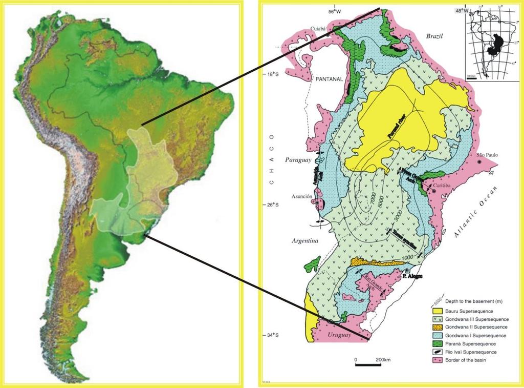 25 1000 km Figura 4: Mapa mostrando a extensão da Bacia do Paraná, a geologia regional e linhas de