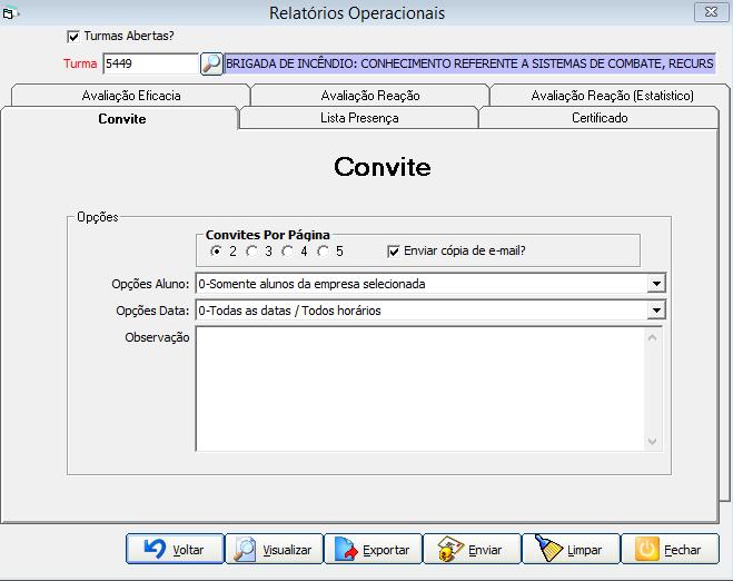 Opções de Emissão de Convite: 1 Convites por página: Permite a escolha da quantidade de convites por página.