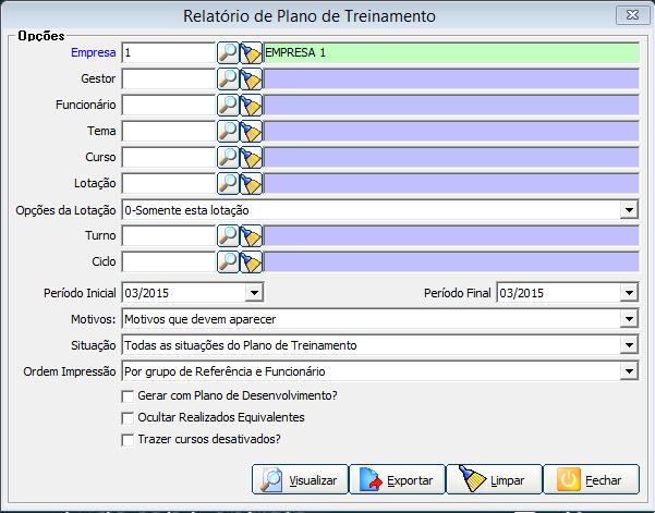 4.4.3 Cursos não Realizados e Cursos Realizados Para emitir os cursos realizados e não realizados utiliza-se a mesma tela, porém marcase a opção desejada na parte superior da tela e seleciona-se a